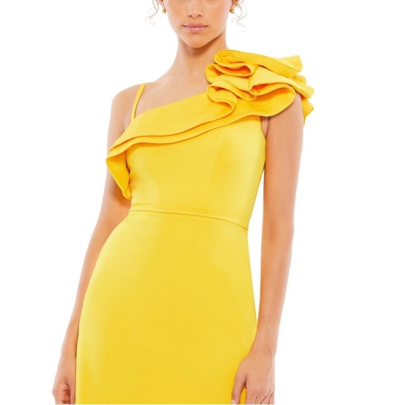 17. Mac Duggal leena Ruffle One Shoulder Mini Dress Lemon Yellow-12 - Picture 10 of 16
